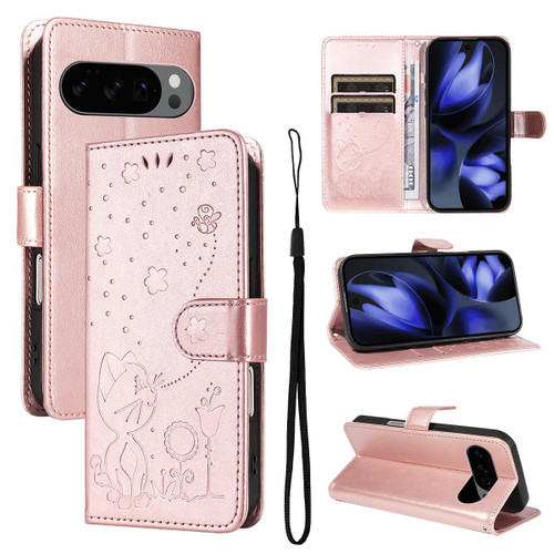 Google Pixel 10 / 10 Pro Global Cat and Bee Embossed Flip Leather Phone Case - Rose Gold