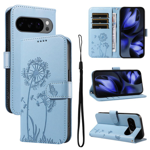 Google Pixel 10 / 10 Pro Global Dandelion Embossed Pattern Flip Leather Phone Case - Sky Blue