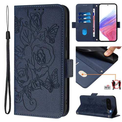 Google Pixel 10 / 10 Pro Global Embossed Rose RFID Anti-theft Leather Phone Case - Dark Blue