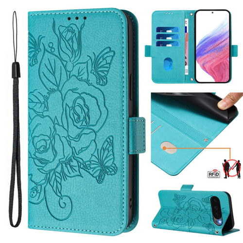 Google Pixel 10 / 10 Pro Global Embossed Rose RFID Anti-theft Leather Phone Case - Light Blue