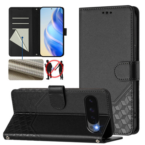 Google Pixel 10 / 10 Pro Global Honeycomb Embossing RFID Leather Phone Case - Black