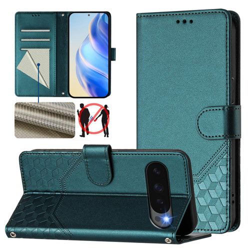 Google Pixel 10 / 10 Pro Global Honeycomb Embossing RFID Leather Phone Case - Peacock Green