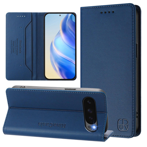 Google Pixel 10 / 10 Pro Global RC01 Dual-Folded Magnetic Suction RFID Leather Phone Case - Dark Blue