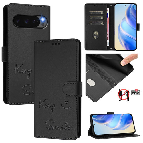 Google Pixel 10 / 10 Pro Global Smile Embossing RFID Leather Phone Case - Black