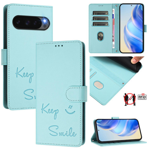 Google Pixel 10 / 10 Pro Global Smile Embossing RFID Leather Phone Case - Mint Green