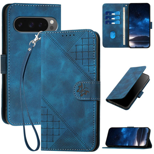 Google Pixel 10 / 10 Pro Grid Butterfly Embossed Pattern Leather Phone Case with Lanyard - Dark Blue