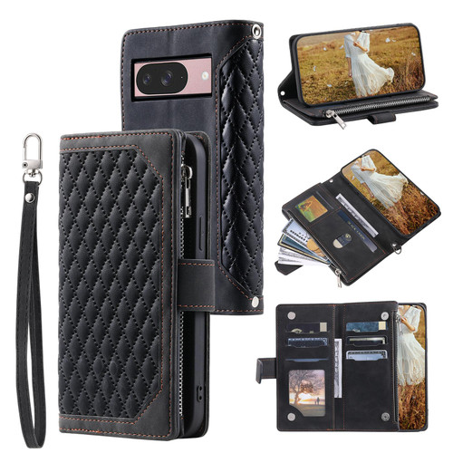 Google Pixel 10 / 10 Pro Grid Texture Zipper Leather Phone Case with Lanyard - Black