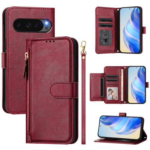 Google Pixel 10 / 10 Pro Multi-Card Slots Zipper Wallet Leather Phone Case - Dark Red