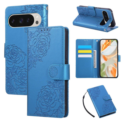 Google Pixel 10 / 10 Pro Rose Flower Embossed 3-Card Slots Leather Phone Case - Blue