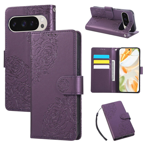 Google Pixel 10 / 10 Pro Rose Flower Embossed 3-Card Slots Leather Phone Case - Deep Purple