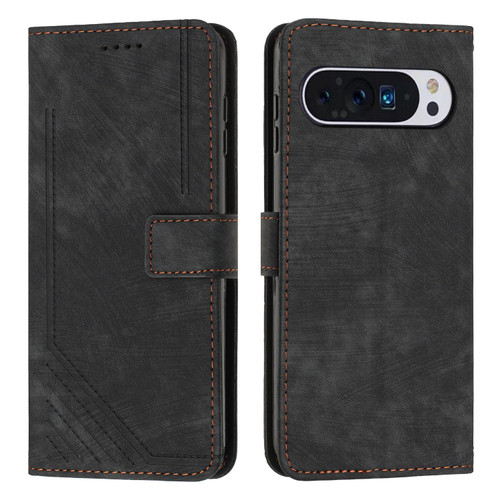 Google Pixel 10 / 10 Pro Skin Feel Stripe Pattern Leather Phone Case with Lanyard - Black