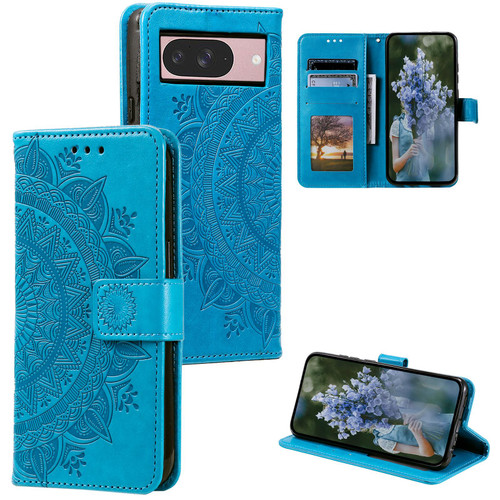 Google Pixel 10 / 10 Pro Totem Flower Embossed Leather Phone Case with Lanyard - Blue