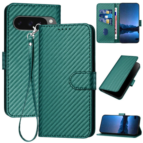 Google Pixel 10 / 10 Pro YX0070 Carbon Fiber Buckle Leather Phone Case with Lanyard - Dark Green