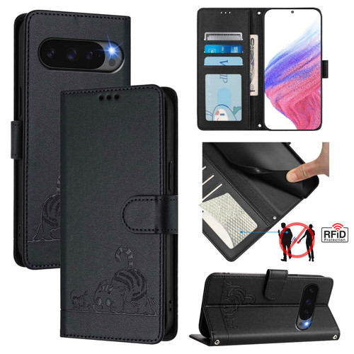 Google Pixel 10 Global Cat Rat Embossed Pattern RFID Leather Phone Case with Lanyard - Black