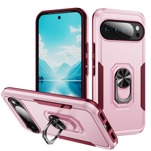 Google Pixel 10 Pro Pioneer Armor Heavy Duty PC + TPU Phone Case with Holder - Pink+Rose Red
