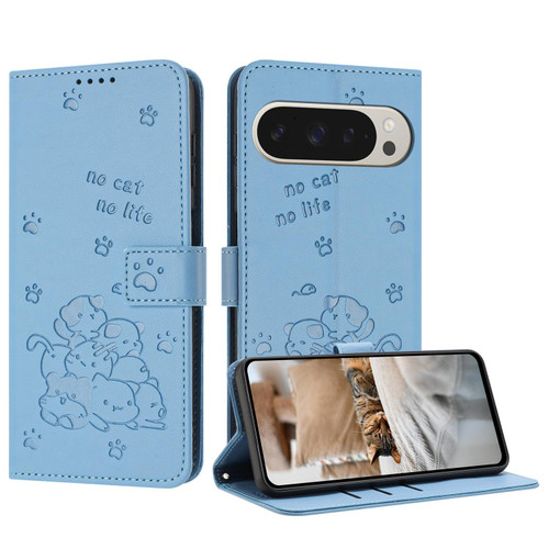 Google Pixel 10 Pro XL Embossed Kitten Phone Leather Case with Lanyard - Blue