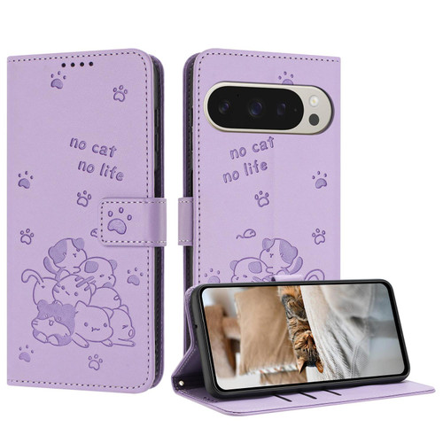 Google Pixel 10 Pro XL Embossed Kitten Phone Leather Case with Lanyard - Purple