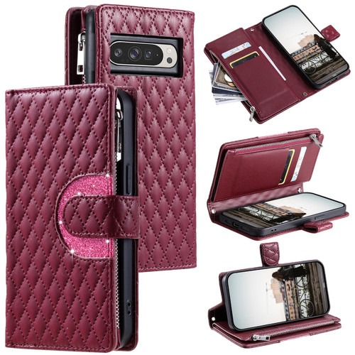 Google Pixel 10 Pro XL Glitter Lattice Zipper Wallet Leather Phone Case - Wine Red