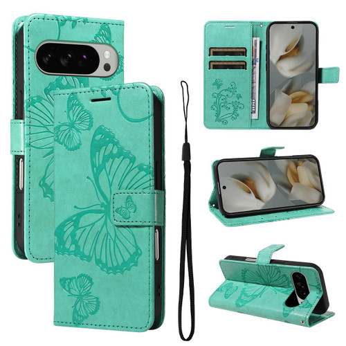 Google Pixel 10 Pro XL Global 3D Butterfly Embossed Pattern Flip Leather Phone Case - Green