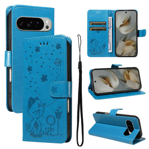 Google Pixel 10 Pro XL Global Cat and Bee Embossed Flip Leather Phone Case - Blue
