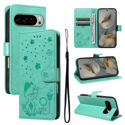 Google Pixel 10 Pro XL Global Cat and Bee Embossed Flip Leather Phone Case - Green