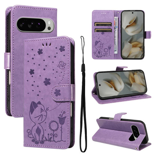 Google Pixel 10 Pro XL Global Cat and Bee Embossed Flip Leather Phone Case - Purple