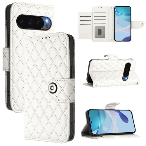 Google Pixel 10 Pro XL Global Rhombic Texture Flip Leather Phone Case with Lanyard - White