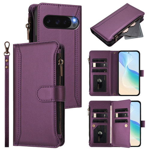 Google Pixel 10 Pro XL Magnetic Closure 9 Card Slots Zipper Leather Case with Hand Strap - Purple