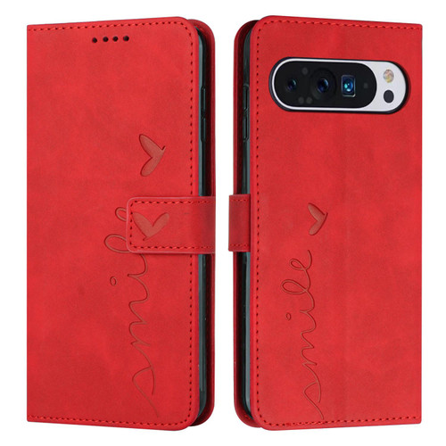 Google Pixel 10 Pro XL Skin Feel Heart Embossed Leather Phone Case with Long Lanyard - Red