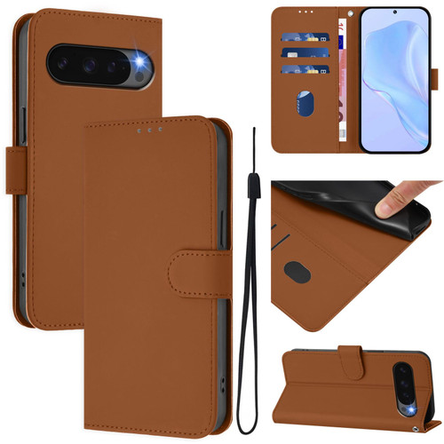 Google Pixel 10 Pro XL Skin Feel Solid Color Leather Phone Case with Lanyard - Brown