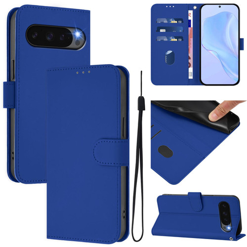 Google Pixel 10 Pro XL Skin Feel Solid Color Leather Phone Case with Lanyard - Dark Blue