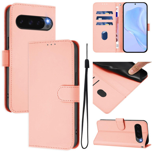 Google Pixel 10 Pro XL Skin Feel Solid Color Leather Phone Case with Lanyard - Pink