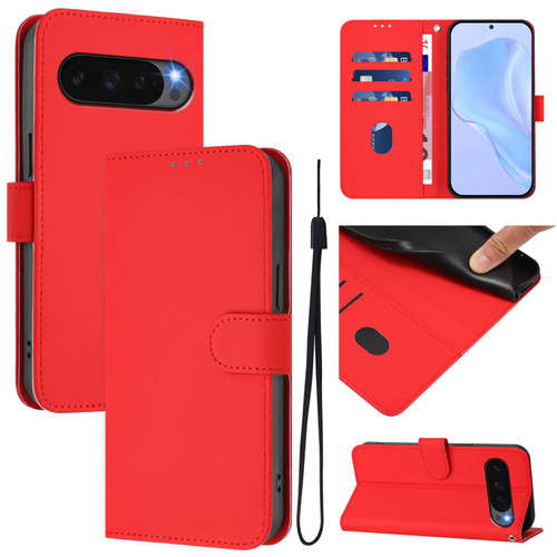 Google Pixel 10 Pro XL Skin Feel Solid Color Leather Phone Case with Lanyard - Red
