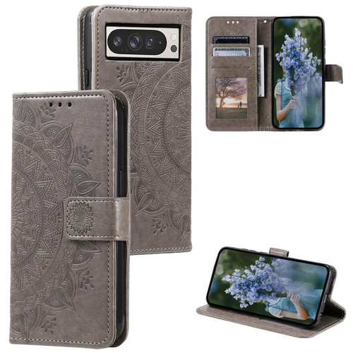 Google Pixel 10 Pro XL Totem Flower Embossed Leather Phone Case with Lanyard - Grey