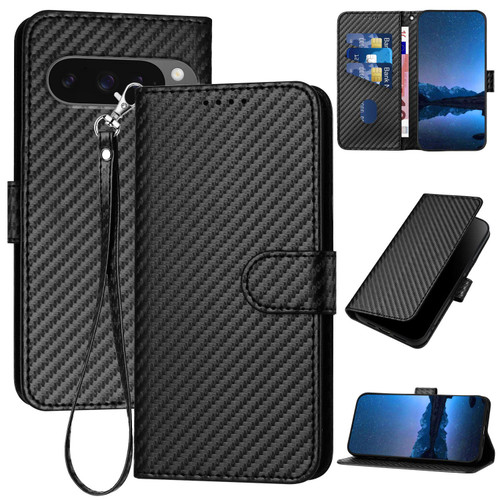 Google Pixel 10 Pro XL YX0070 Carbon Fiber Buckle Leather Phone Case with Lanyard - Black