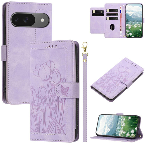 Google Pixel 10 Tulips Embossed Leather Phone Case with Lanyard - Purple