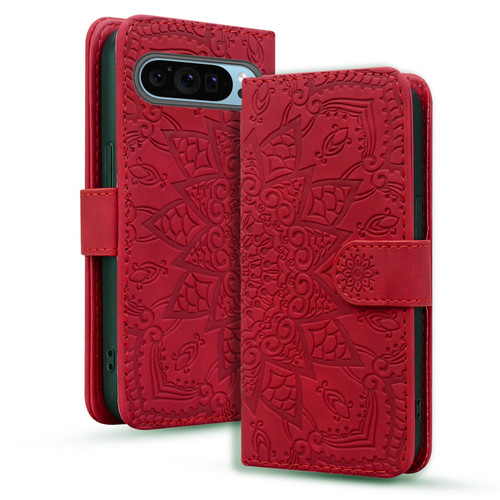 Google Pixel 9 / 9 Pro / 10 / 10 Pro Mandala Embossed Dual-Fold Calf Leather Phone Case - Red