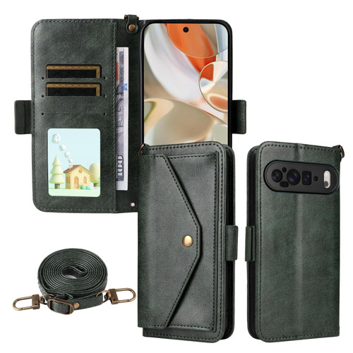Google Pixel 9 / 9 Pro / 10 / 10 Pro Multi-card Slots Crossbody Cowhide Leather Phone Case - Green
