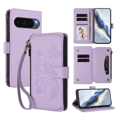 Google Pixel 9 / 9 Pro / 10 / 10 Pro Pro Butterfly Love Flower Multi-card Zipper Wallet Leather Phone Case - Light Purple