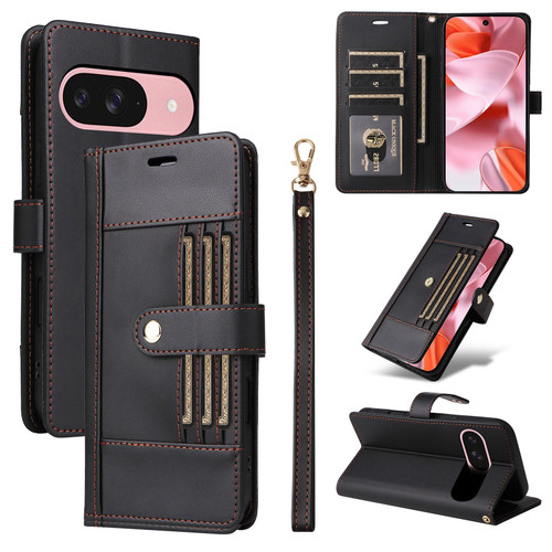 Google Pixel 9 / 9 Pro / 10 / 10 Pro Six Card Slots Buckle Leather Phone Case with Lanyard - Black