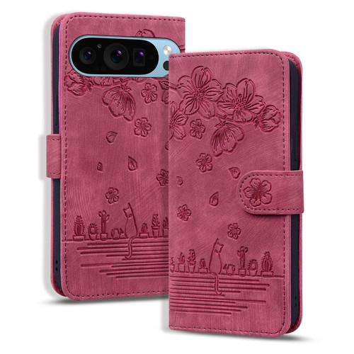 Google Pixel 9 Pro XL / 10 Pro XL Cartoon Sakura Cat Embossed Leather Phone Case - Red