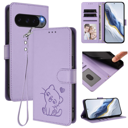 Google Pixel 9 Pro XL / 10 Pro XL Embossed Heart Cat Leather Phone Case with Hand Strap - Light Purple