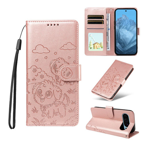 Google Pixel 9 Pro XL / 10 Pro XL Embossed Heart Dog RFID Blocking Wallet Leather Phone Case - Rose Gold