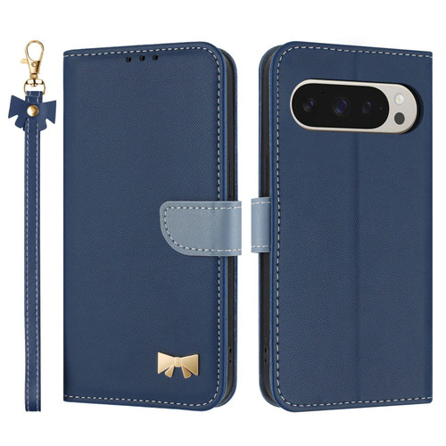 Google Pixel 9 Pro XL / 10 Pro XL Metal Bow Leather Phone Case with Hand Strap - Dark Blue