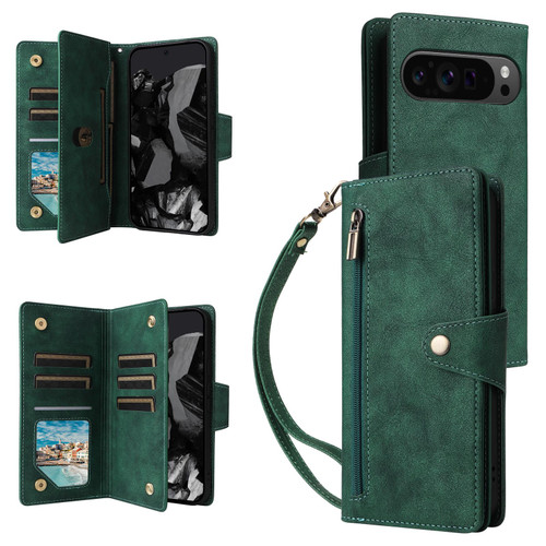 Google Pixel 9 Pro XL / 10 Pro XL Rivet Buckle 9 Cards Three Fold Leather Phone Case - Green Google Pixel 9 Pro XL / 10 Pro XL Rivet Buckle 9 Cards Three Fold Leather Phone Case - Green