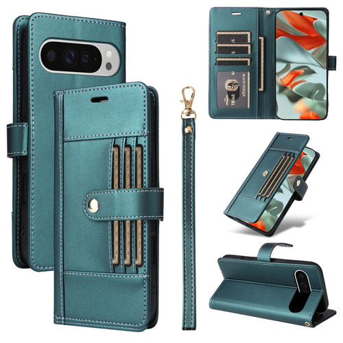 Google Pixel 9 Pro XL / 10 Pro XL Six Card Slots Buckle Leather Phone Case with Lanyard - Green