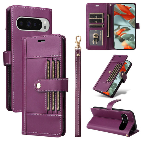 Google Pixel 9 Pro XL / 10 Pro XL Six Card Slots Buckle Leather Phone Case with Lanyard - Purple