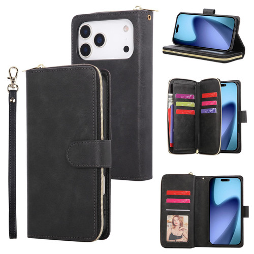 iPhone 17 Pro Max 9 Card Slots Zipper Wallet Bag Leather Phone Case - Black