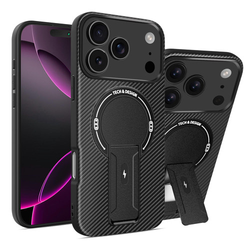 iPhone 17 Pro Max Carbon Fiber Texture MagSafe Phone Case with Holder - Black