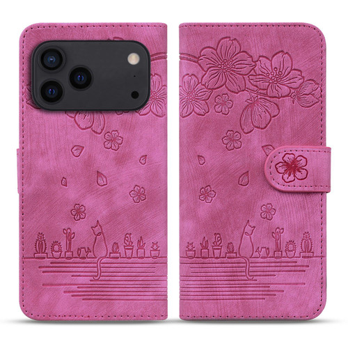 iPhone 17 Pro Max Cartoon Sakura Cat Embossed Leather Phone Case - Rose Red